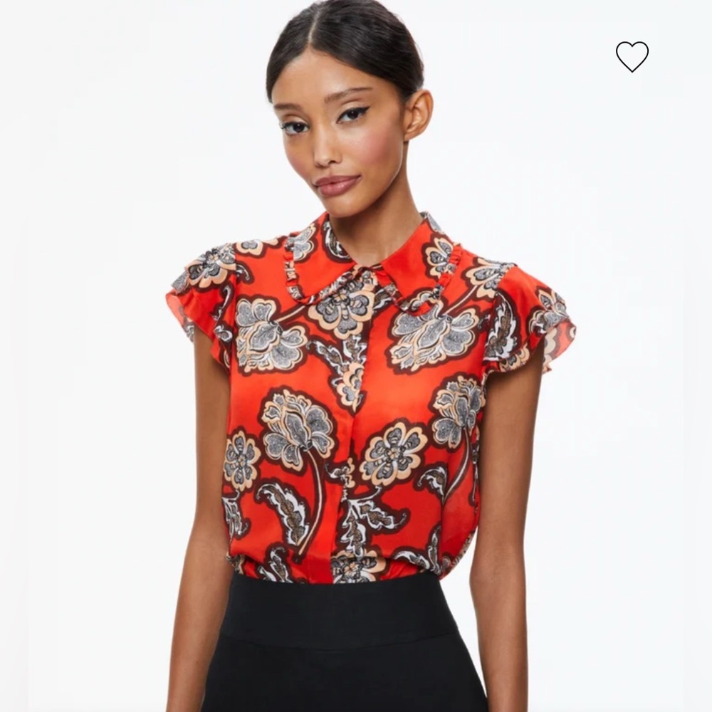 Alice + Olivia Martel Flutter-Sleeve Button-Front Blouse